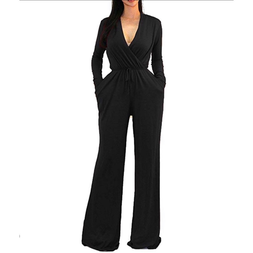 V Neck High Waisted Wide Leg Jumpsuit with Belt